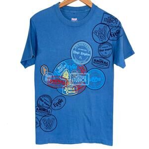 Disney Parks Passport Stamps Blue Epcot Magic Kingdom Short Sleeve T-Shirt Small
